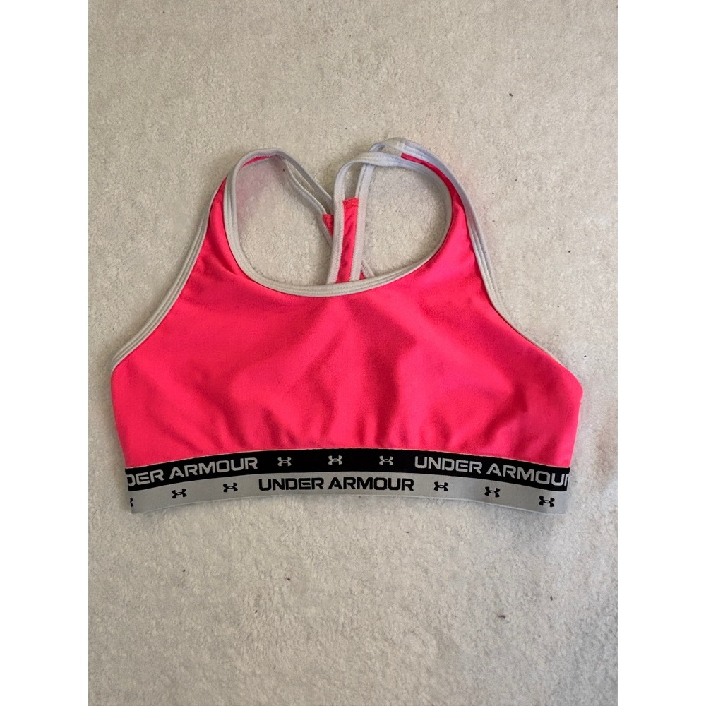 Under Armour Girls HeatGear Sports Bra Neon Pink Logo Band YLG Large